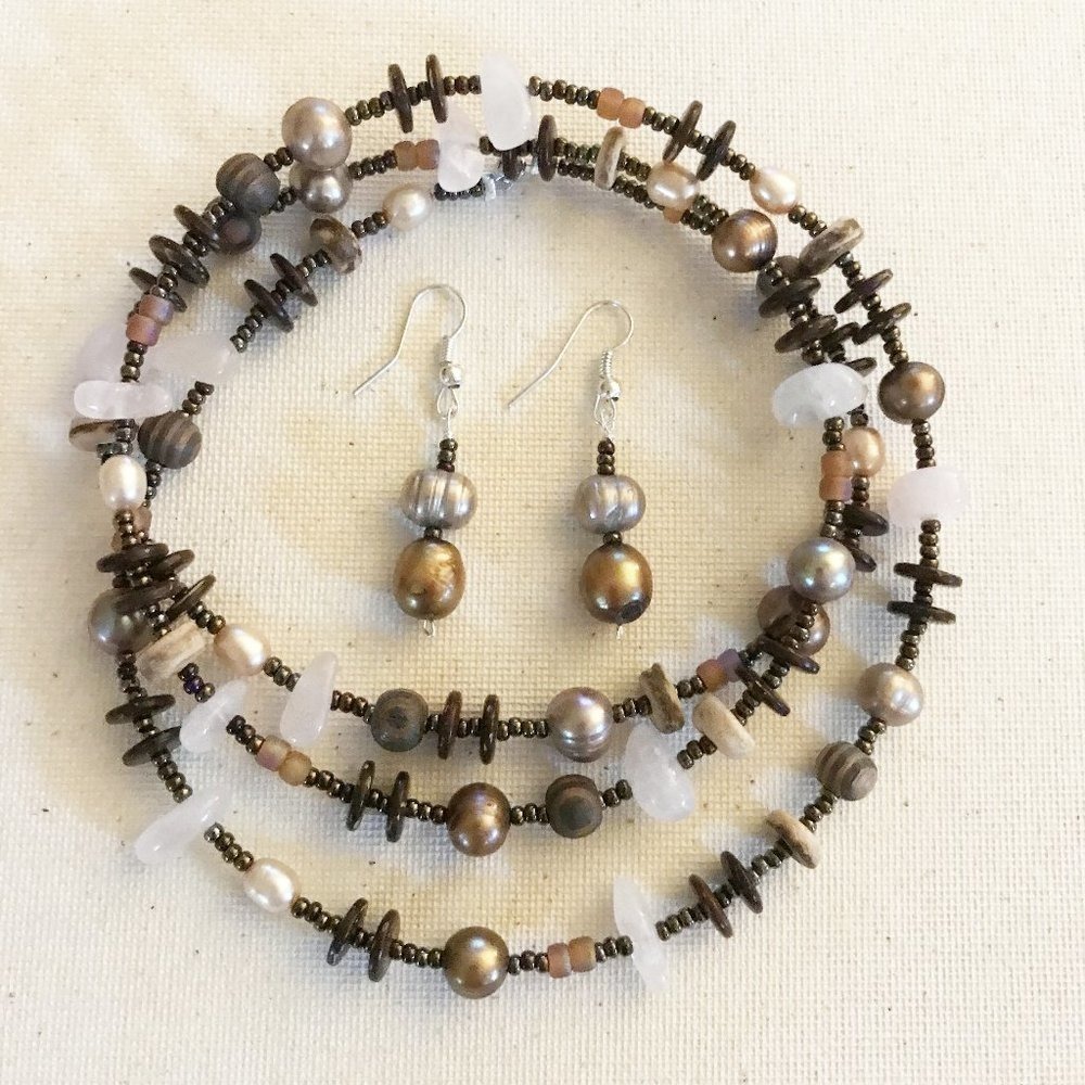 Rose in the Woods Necklace Earring Set Rose Quartz Pearls Gemstone Crystal Wood